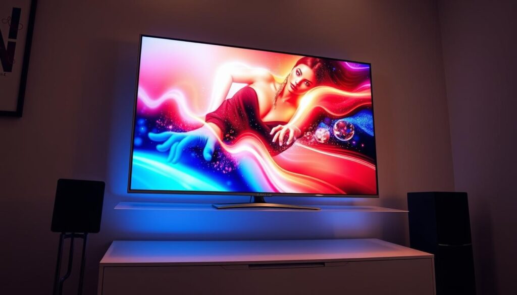Streaming video audio Samsung Smart TV: a sleek and modern entertainment hub, the screen displaying a vibrant, high-definition video stream, the speakers emitting rich, immersive audio. The device sits atop a polished, minimalist entertainment stand, casting a soft, ambient glow. The lighting is warm and inviting, with subtle highlights accentuating the TV's premium design. The camera angle captures the scene from a slightly elevated perspective, showcasing the TV's seamless integration into the living space. The overall atmosphere is one of relaxation and digital connectivity, perfectly suited for the "Funzionalità di streaming e mirroring" section of the article.