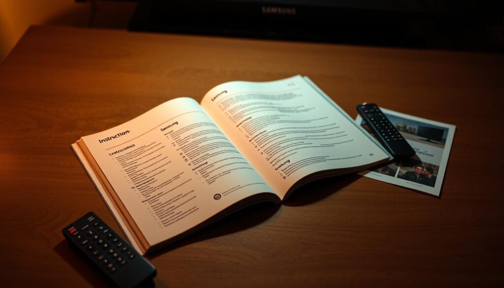 a detailed instruction manual for a samsung smart tv, open on a wooden table, illuminated by soft, warm lighting from above, the tv remote and setup guide visible alongside, creating a calm and informative atmosphere to illustrate the process of setting up a samsung smart tv