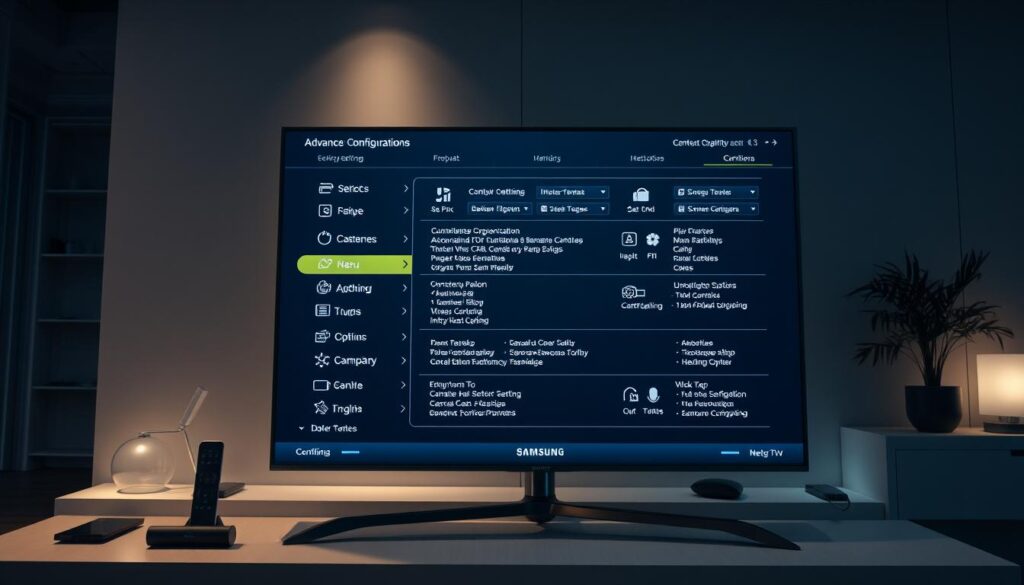 a highly detailed, photorealistic image of advanced configuration settings for a Samsung Smart TV running SS IPTV, with a focus on the graphical user interface. The foreground should depict the TV screen displaying a comprehensive set of customization options, menus, and sub-menus, showcasing the depth and complexity of the configuration process. The middle ground could include peripheral devices like a remote control or a mobile phone, hinting at the multi-device integration capabilities. The background should convey a modern, high-tech home entertainment environment, with subtle ambient lighting and sleek, minimalist furnishings. The overall mood should be one of technical sophistication and user-friendliness, reflecting the advanced nature of the SS IPTV configuration features.